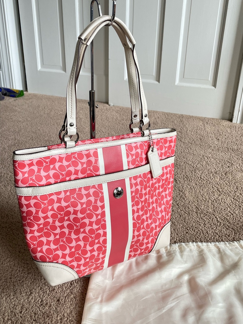 Coach Pink Signature Stripe PVC Tote Shoulder Bag White Trim Dust Bag